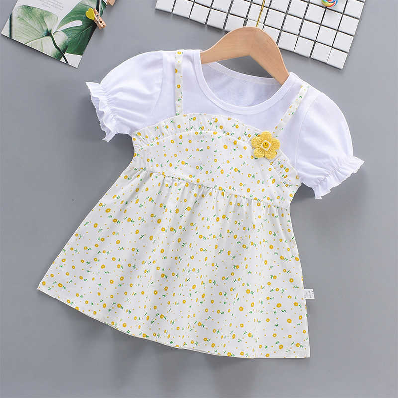Girl's Dresses Girls' dress 2025 summer new short sleeved thin style western-style baby girl fake two-piece suspender floral dress