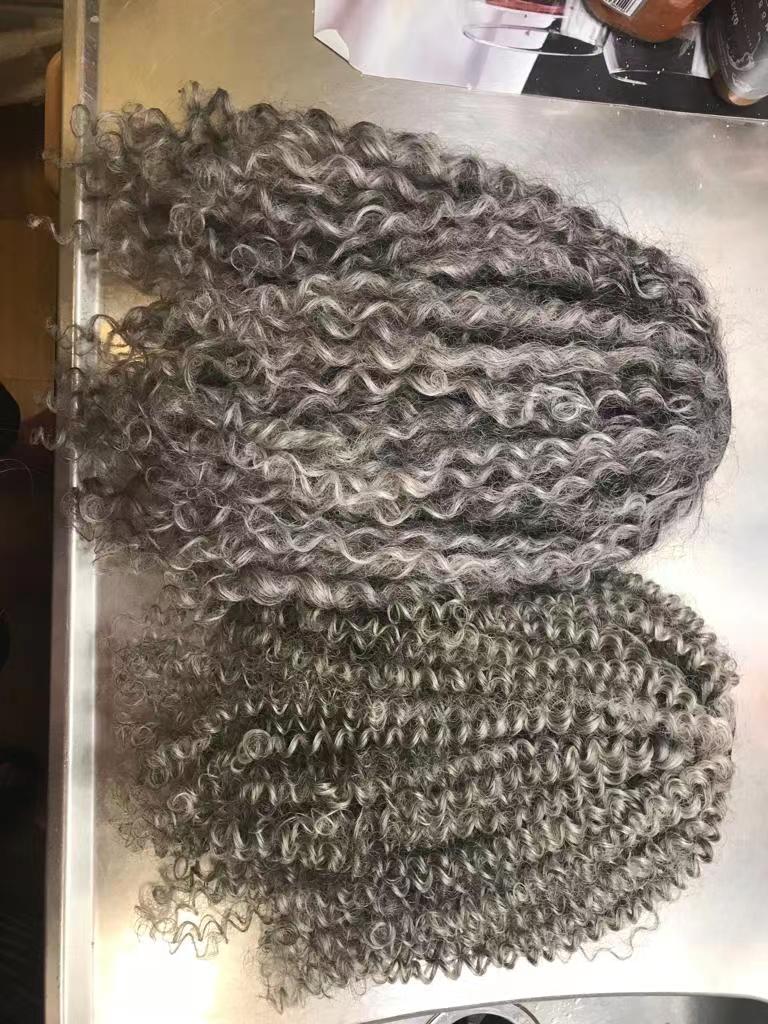 Gray salt and pepper human hair ponytail extension clip ins, Crochet braids Grey kinky curly black silver mixed Gray ombre hairpiece drawstring ponny 