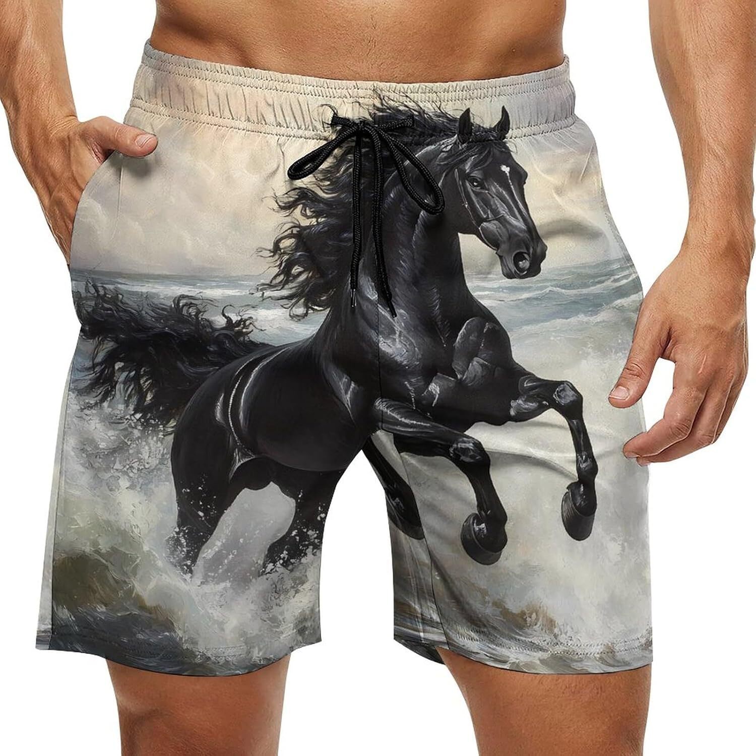 Galloping Black Horse Seaside Beach Shorts for Men Swim Trunk Quick Dry Elastic Waist Drawstring Running Bathing Suits