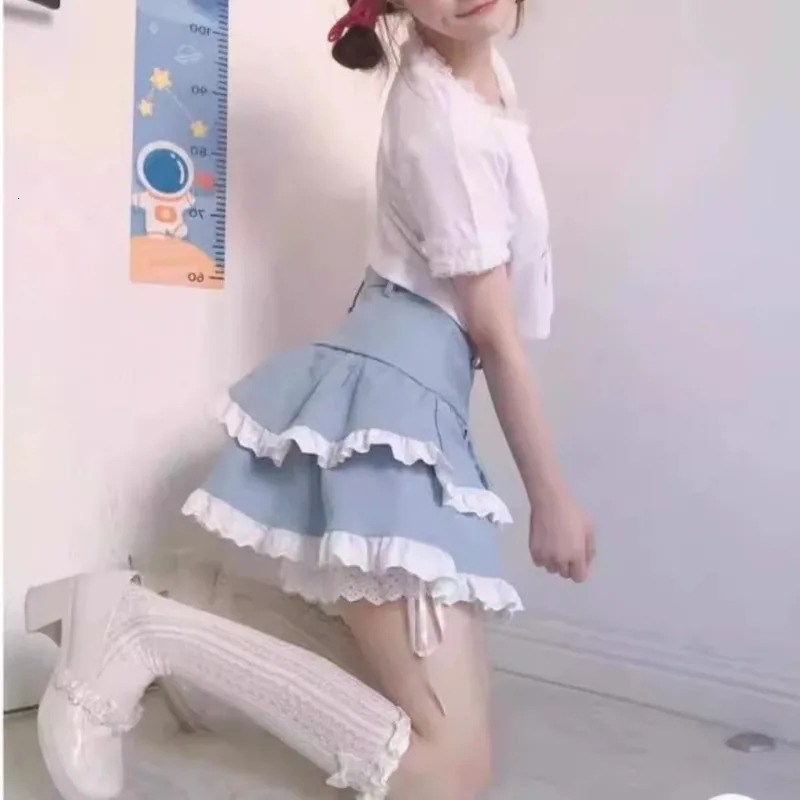 Summer Japanese Y2k Lace Cake Skirt Subculture Girl Demin Pompadour Skirts Layered Ruffle Fluffy Lolita Women Casual Mini 250310