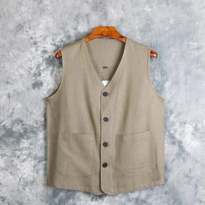 Mens Vest Dress Linen Cotton Waistcoat Jacket Male Formal Vest For Mens Jeans Summer Casual Business Victorian Clothing 250310