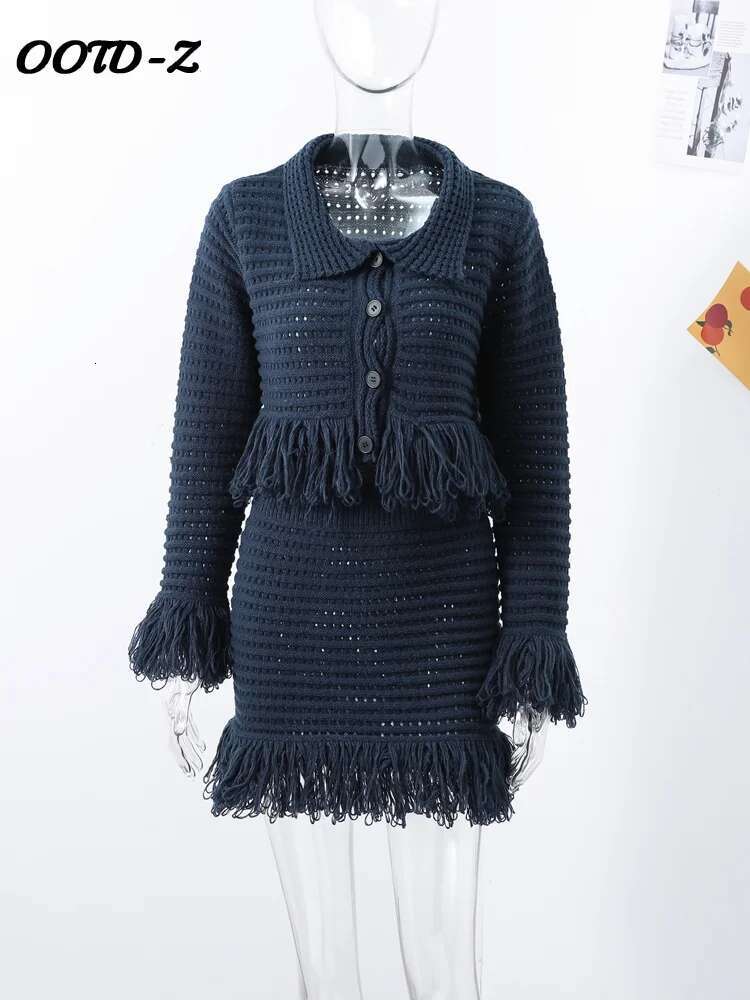Fringe Knit Slim Mini Skirt Suit Women Fashion Turndown Collar Half Breasted Long Sleeve Top Female Set 2025 Spring Lady Sets