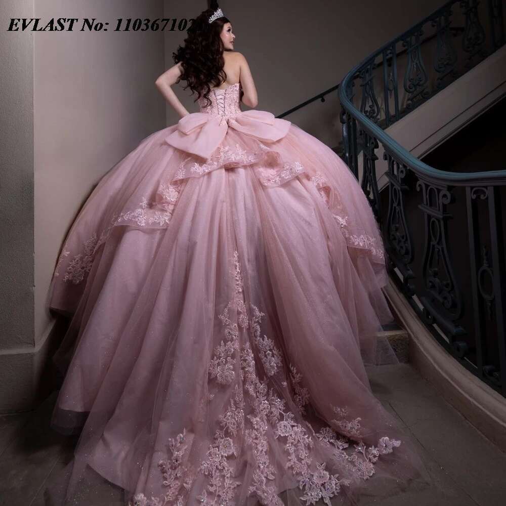 Evolt custom pink ral quinceanera layered ball dress lace appliques beads mexico sweet 16 dresses 15 years sq773