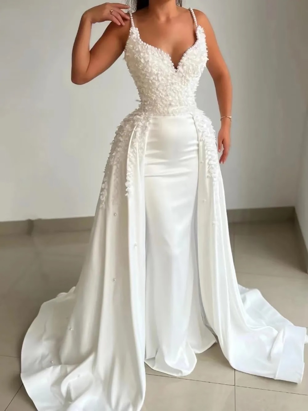 Prom Gown White Evening Dresses Party Mermaid Sleeveless Satin Plus Size Zipper Lace Up New Custom Beaded Pearls Spaghetti Flowers Sweep Train