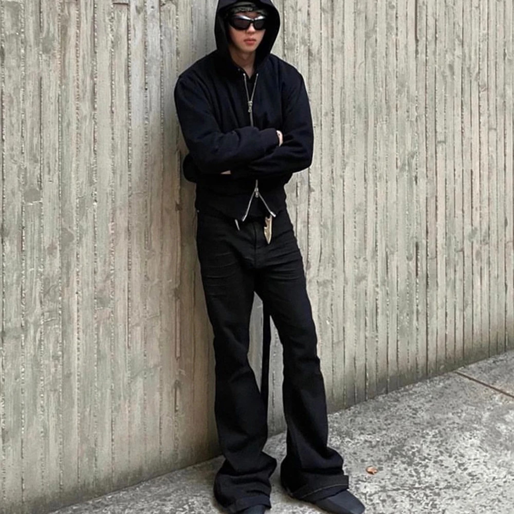 Black Vintage Jeans Flare Pants Mens RO Style Wide Leg Harajuku Solid Streetwear Y2K Baggy Casual Denim Trousers Oversized 250310
