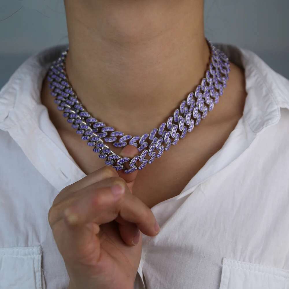 12mm Miami cuban k chain choker micro pave purple blue cz hip hop women necklace 16" 18"