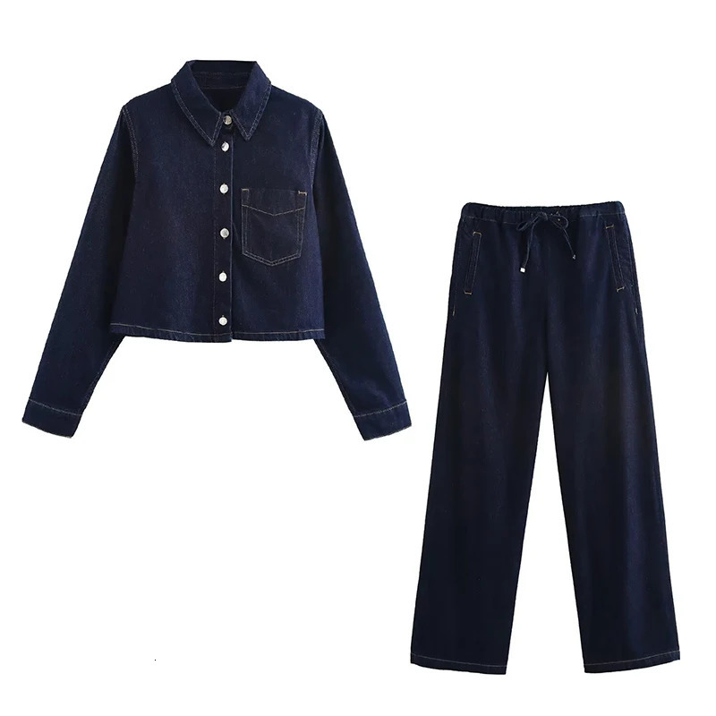 Willshela Womens Fashion 2piece Set with Pocket Denim Solid Jacket and Retro Elastic Waist Trouser Femle Chic Pants 250313