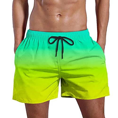 Mens Athletic Shorts, Summer Gradient Swim Trunks Drawstring Waist Board Shorts, Loose Casual Bathing Suit with Pockets