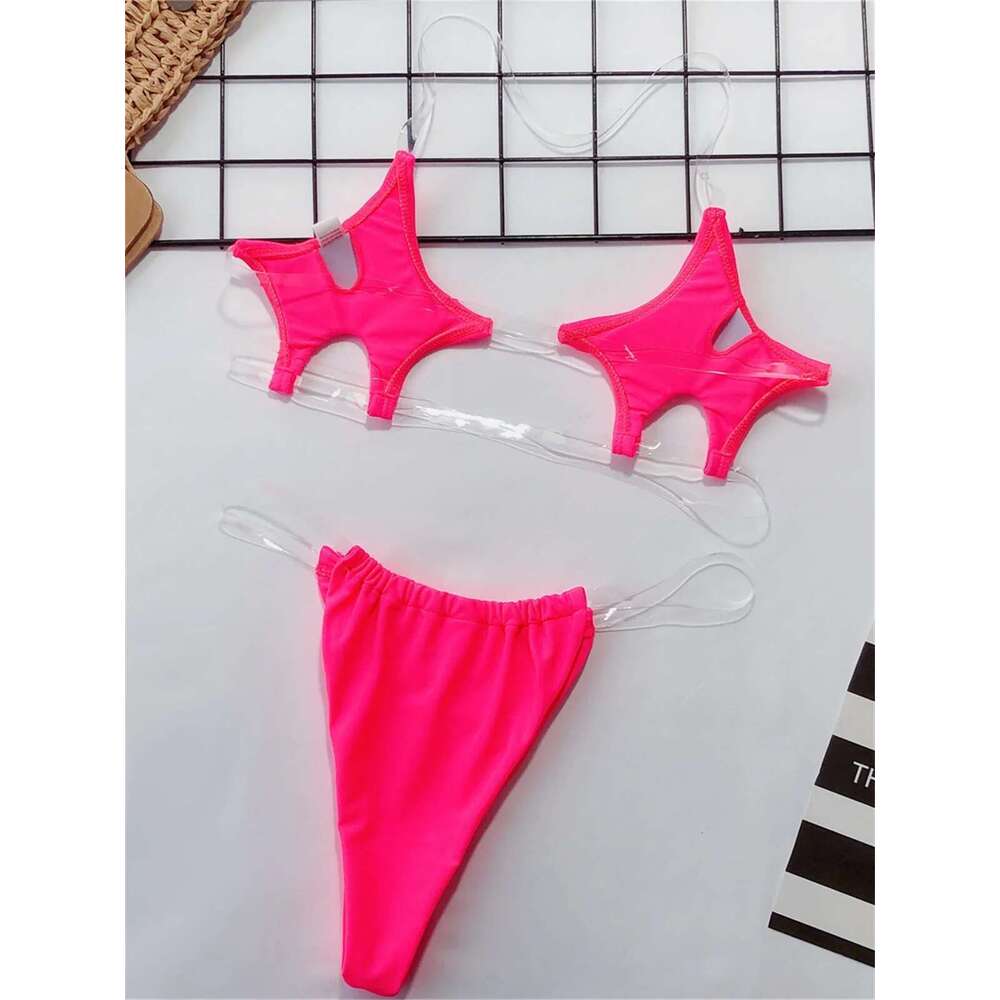 Women's transparent swimsuit, sexy mini bikini, pentagram design, neon transparent shoulder straps, tango underwear, 2024