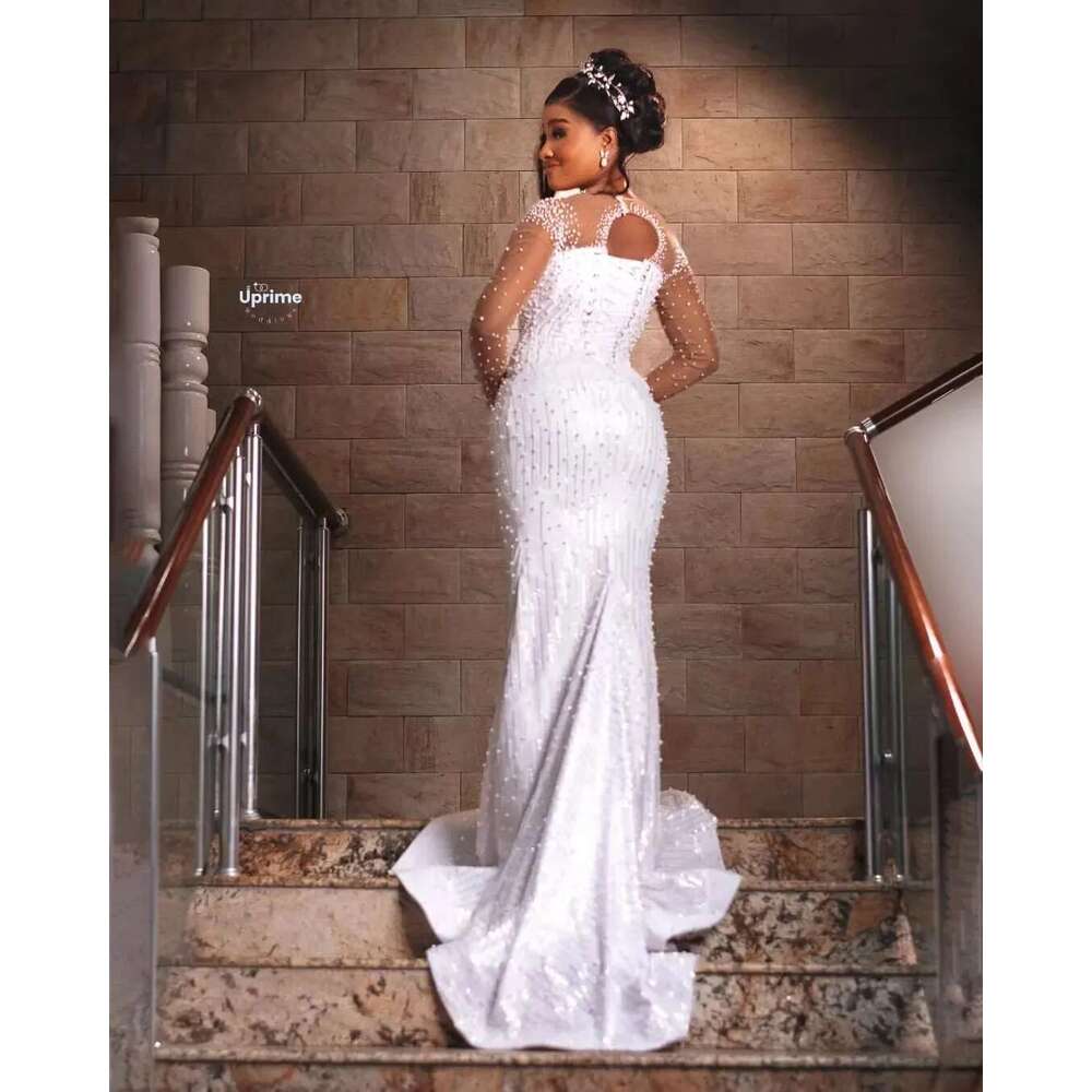 Customized bright heavy pearls open back arabic dress aso ebi wedding dresses with ruffled tires removable