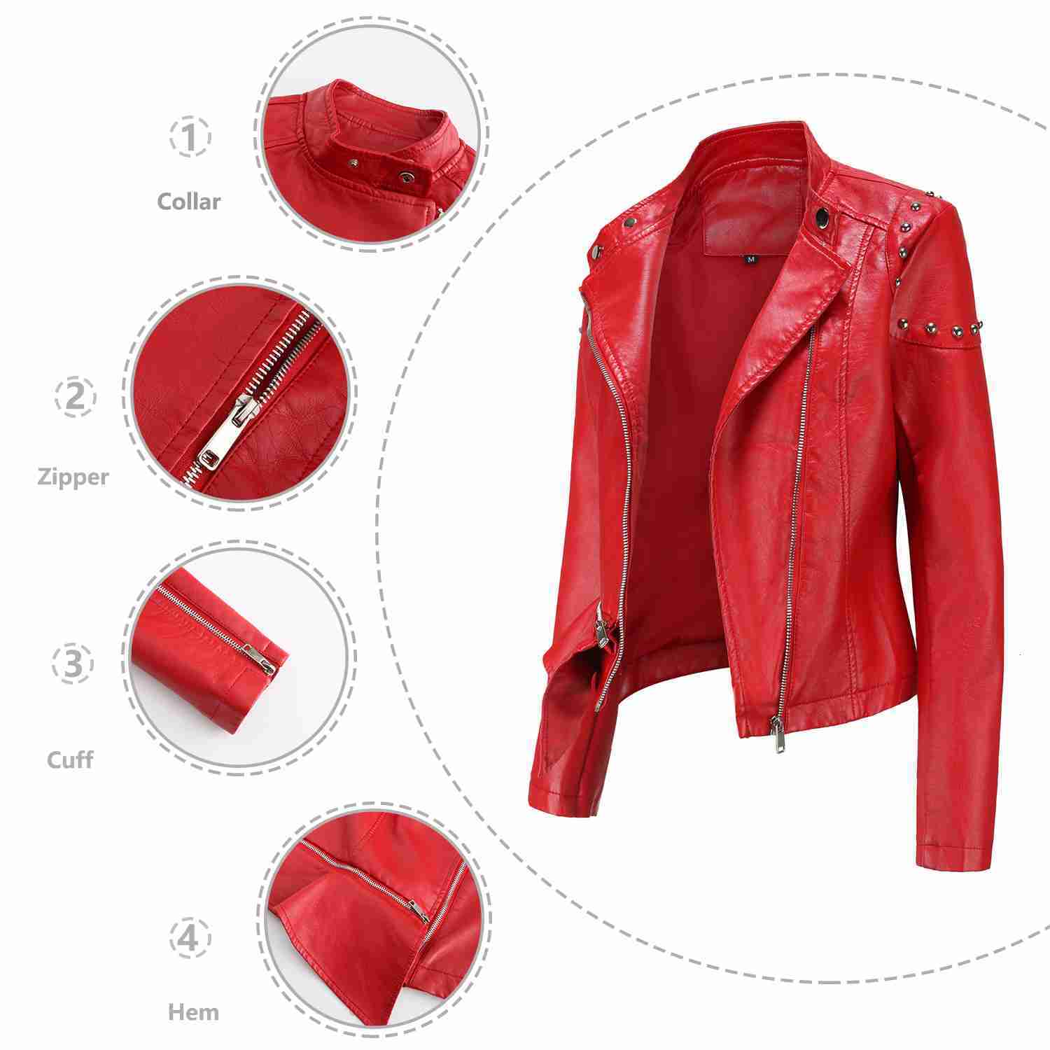Fashion New Rivet Fashion Standing Collar Leather Coat Womens Solid Color Jacket Womens Spring and Autumn Coat Womens Rivet Leather Coat Join3