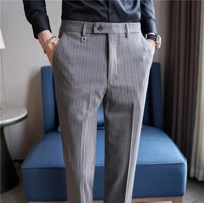 Grey flat bottomed pants for men fashionable ultrathin striped Trouser South Korean Navy blue Pantalones Hombre 283233343638 mens 250313
