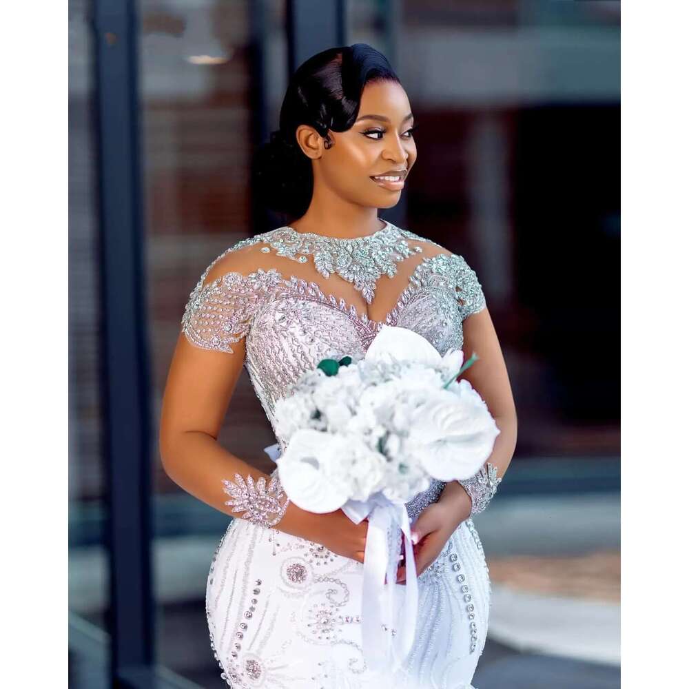 Custom Arabic aso ebi plus size bright crystals beads mermaid dress long sleeves cascading ruffles wedding dresses