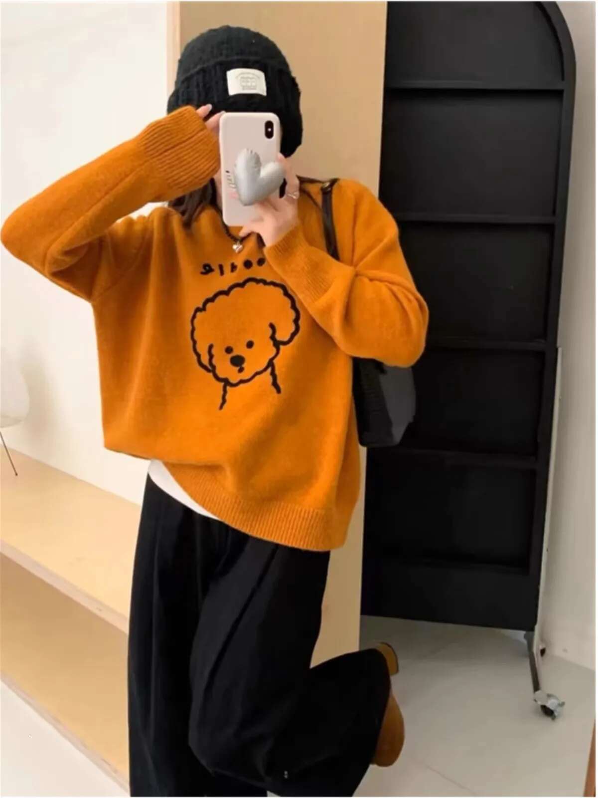 European Cartoon Dog 100 Pure Cashmere Women's Round Neck Korean Version Of Loose Jumper Knitted Bottom Sweater