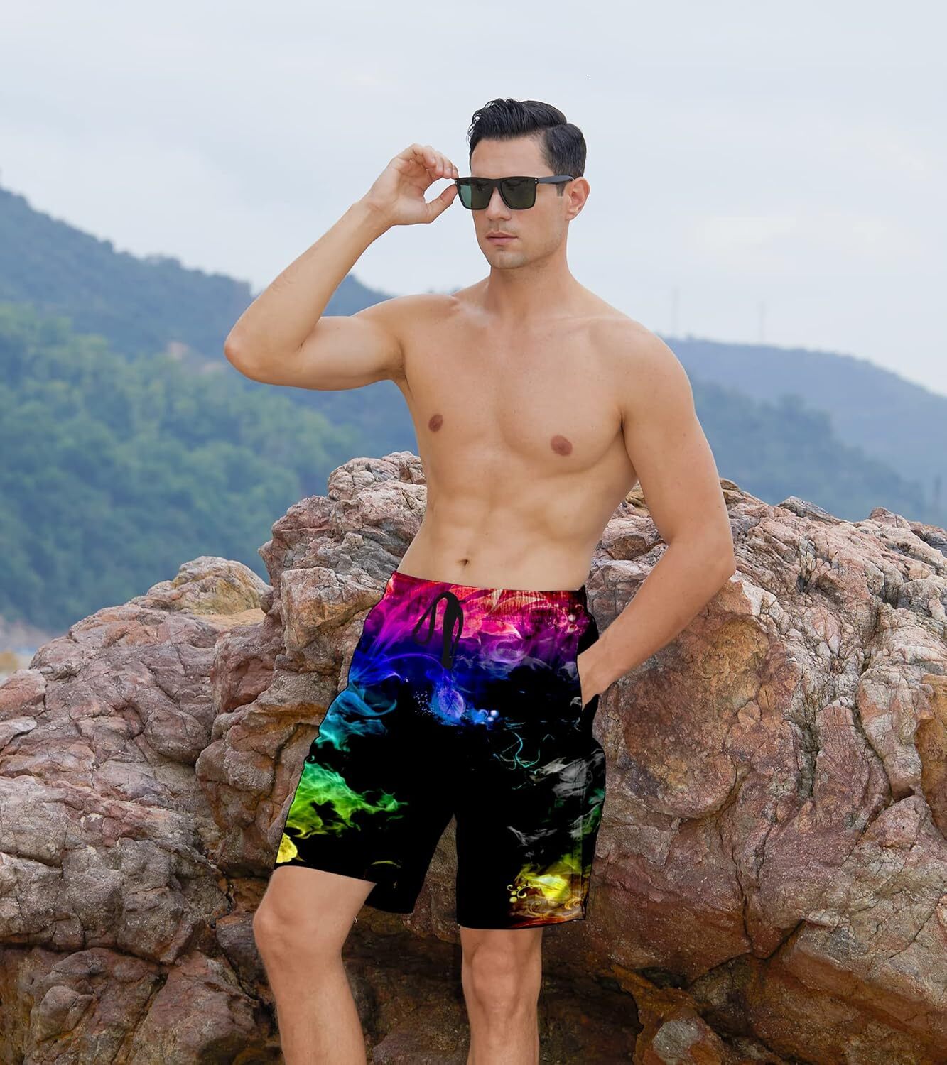 Mens Swim Trunks Summer Cool Quick Dry Board Shorts Bathing Suit with Side Pockets Printed fashionable beach shorts cool