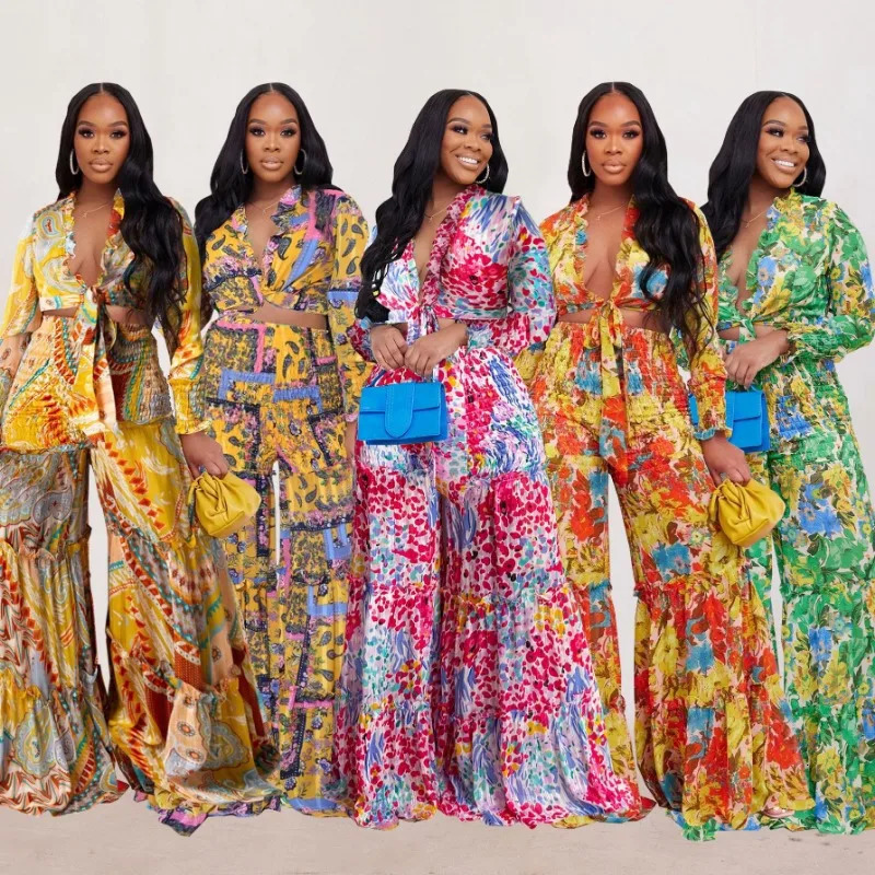 Flower print 2piece set for womens elegant lace top loose wide leg pants holiday Bohemian pairing 250313