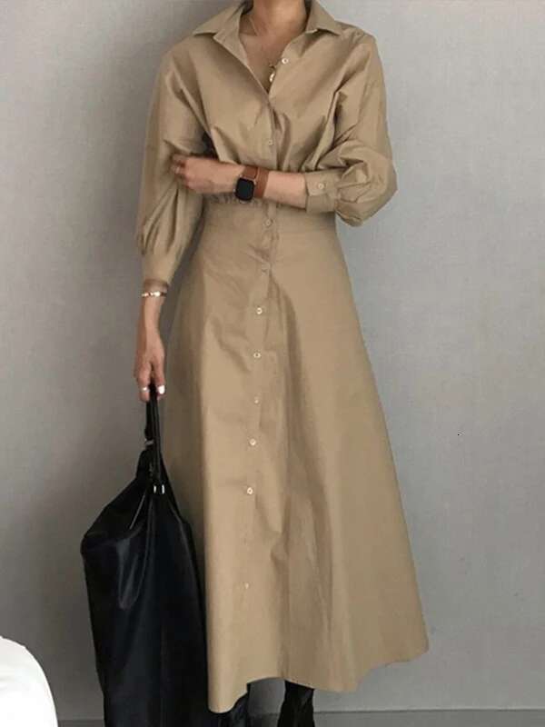 Modigirl Summer Long 2025 Spring Fall Clothes Blue Puff Sleeves Botton Simple Casual Maxi Shirts Dresses For Women
