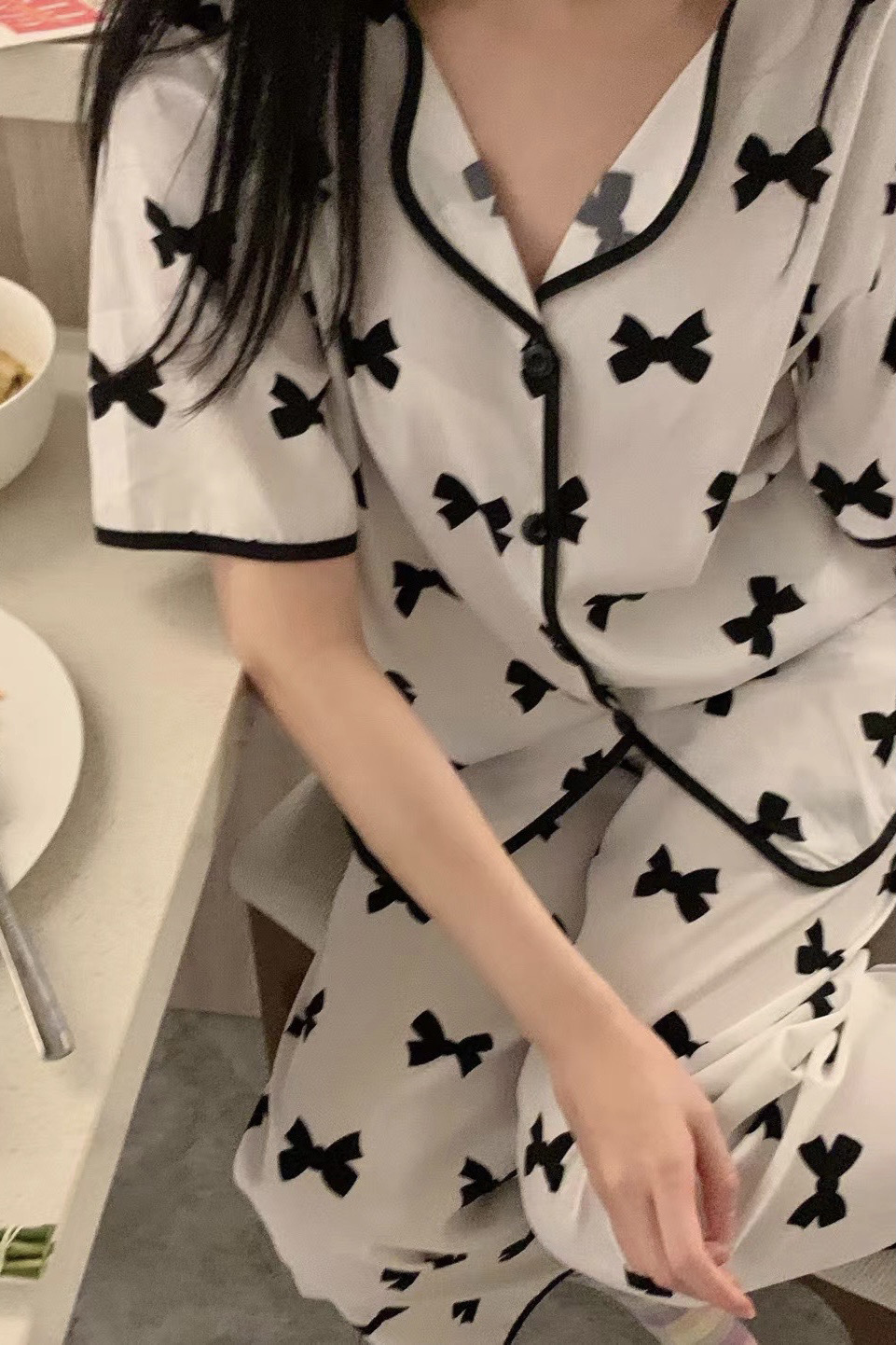 B782-Cute Bowknot House Clothes Short Sleeve Two-piece Thin Ice Silk Pajamas for Women