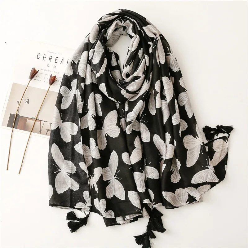 Fashion Animal Black Butterfly Pattern Tassel Viscose Shawl Scarf High Quality Print Pashmina Stole Bufandas Muslim Hijab 250314