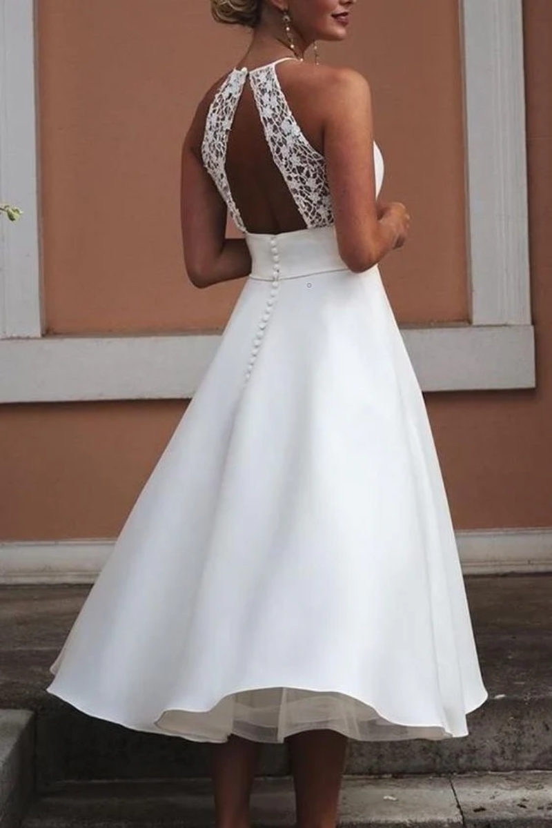 2025 Simple A-Line White Wedding Dresses With Pockets Tea Length Satin Bridal Gown Open Back Jewel Neck Sleeveless Garden Vestido De Novia