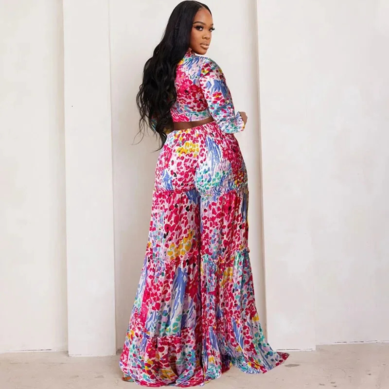 Flower print 2piece set for womens elegant lace top loose wide leg pants holiday Bohemian pairing 250313