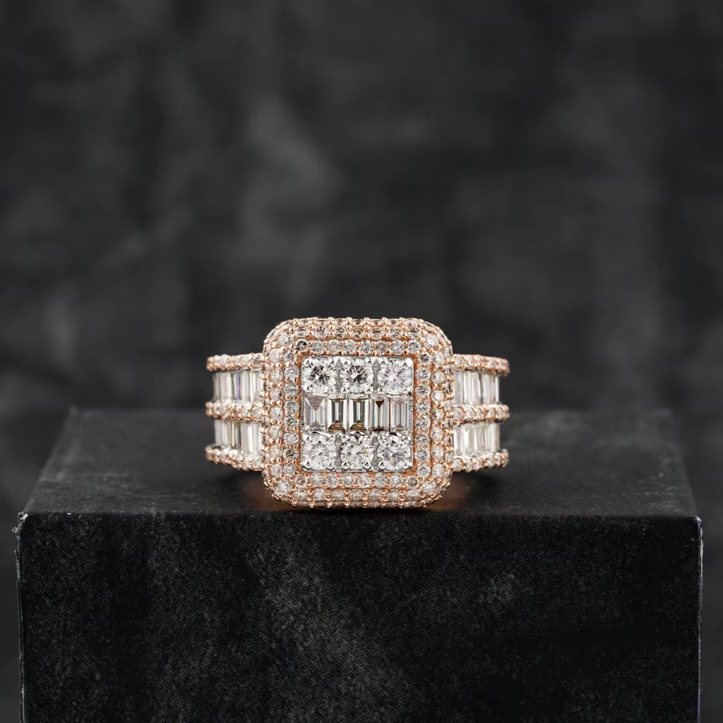 Mens Ring Trend Hip Hop Ice Out 10K 14K 18K Gold Full VVS Natural Diamond Rounded and Baguette Ring Luxury Costume Jewelry