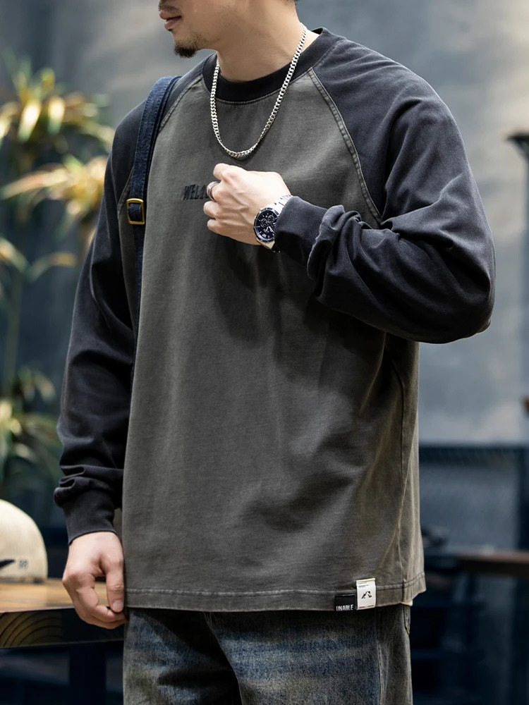 Spring and autumn highquality cotton long sleeved Tshirt mens plus size spliced work sweater Korean streetwear fashion sports top 250312