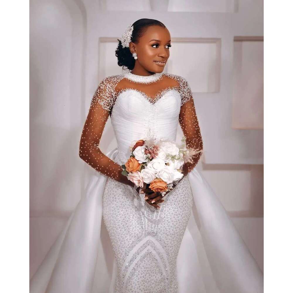Customized bright beads heavy sequins 2 in 1 mermaid dress african long sleeves wedding dresses with detachable train
