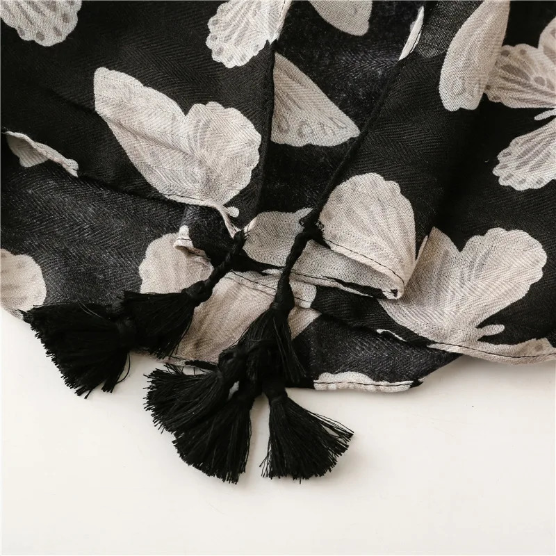 Fashion Animal Black Butterfly Pattern Tassel Viscose Shawl Scarf High Quality Print Pashmina Stole Bufandas Muslim Hijab 250314