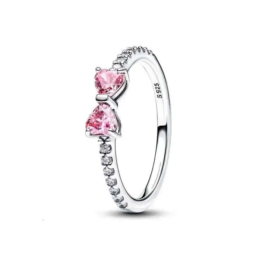 2025 NEW 925 Sterling Silver Sparking Pink Bow Heart Ring Shooting Stars Open Ring Blue Halo Chain Ring Gifts