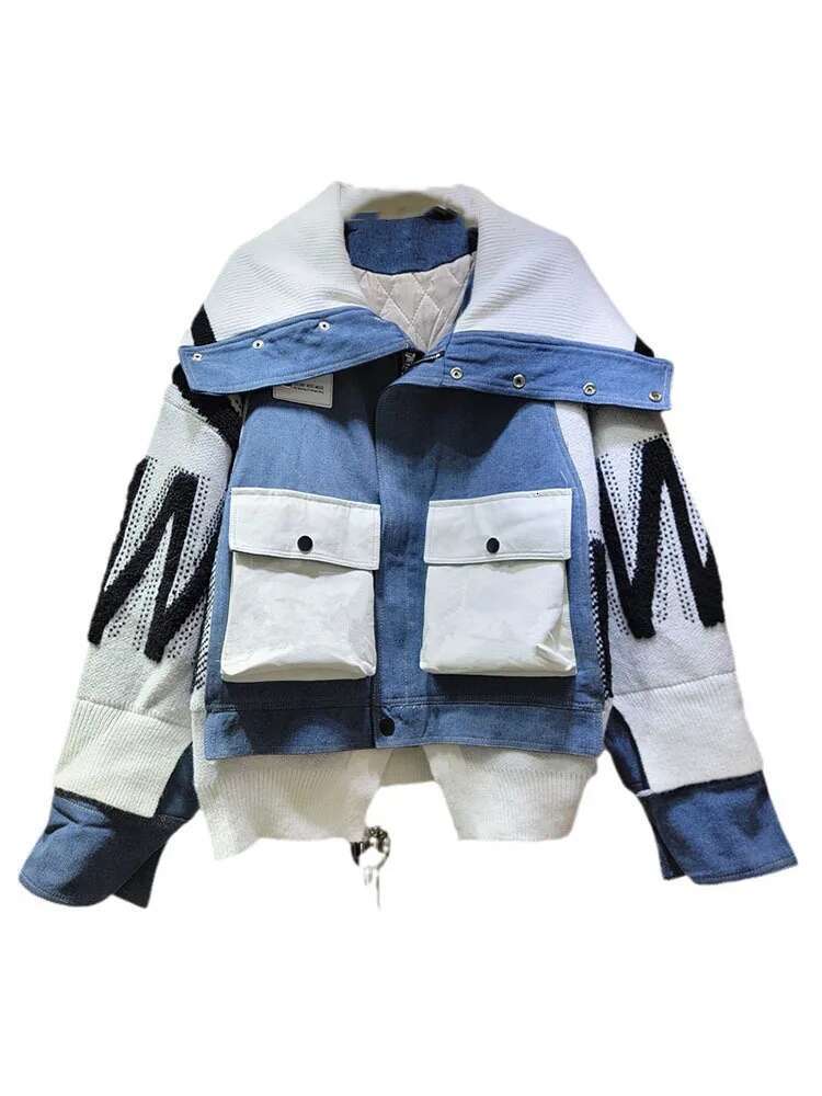 Trendy Fashion Women's Patchwork Contrast Color Warm Coat 2024 Autumn New Lapel Long Sleeve Quilted Jacket Female 33A2044