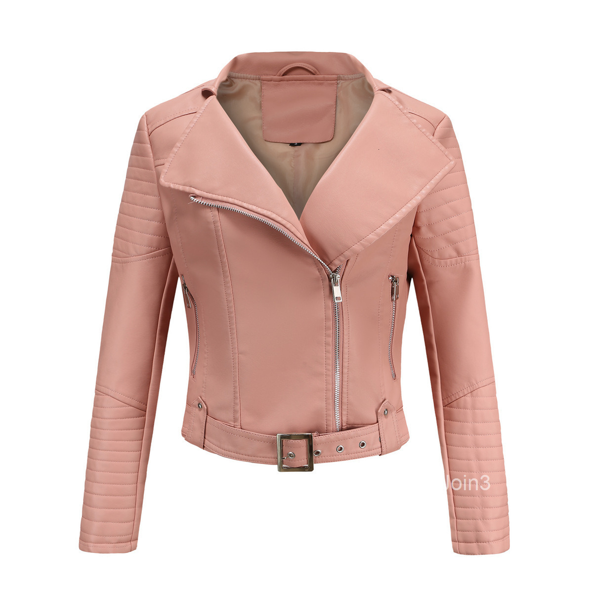 Fashion Womens Leather Clothes Long Sleeved Zipper Turned Tie Belt Short Motorcycle Clothes Autumn Winter Coat Women