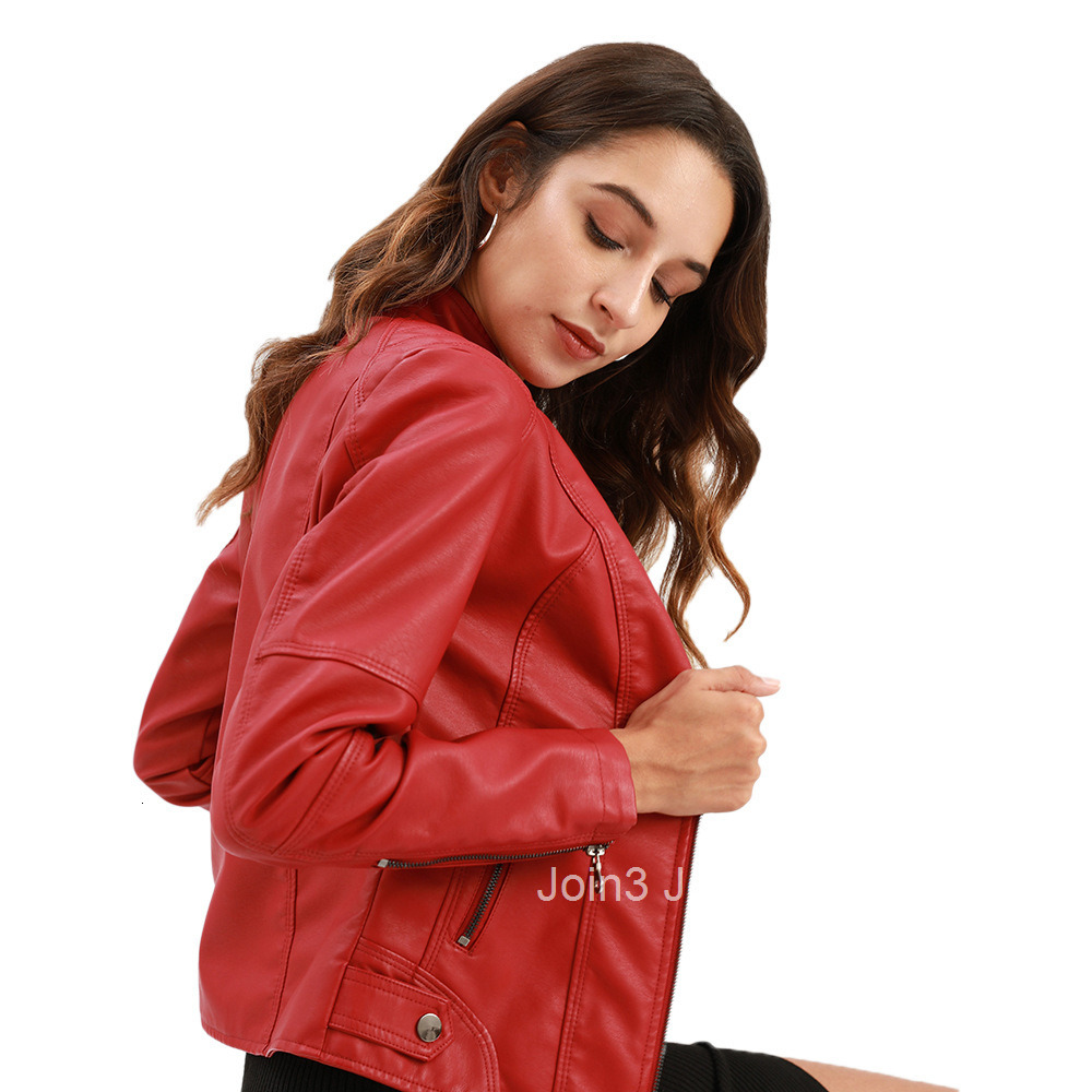 Fashion European Womens Leather Suit Slim Jacket Thin Spring and Autumn Coat Womens Motorcycle Suit Large Stand Collar Leather Jacket