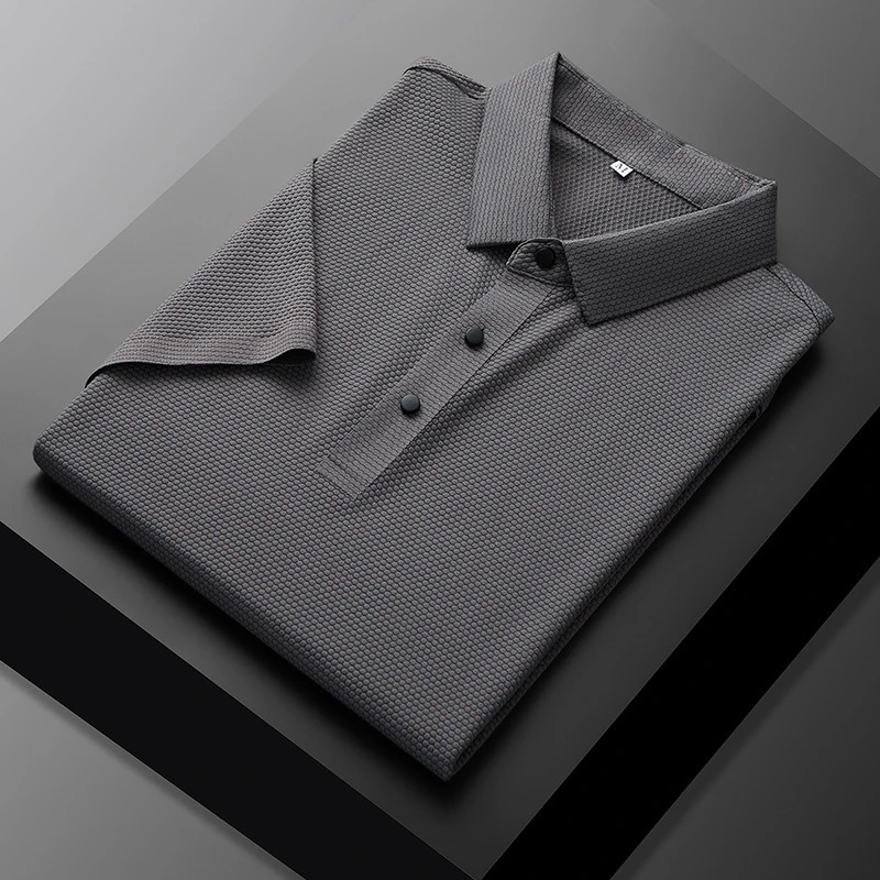 Mens High end Mesh Ice Silk Short sleeved Polo Shirt Summer Solid Color Thin Breathable Anti Wrinkle Tshirt 250312