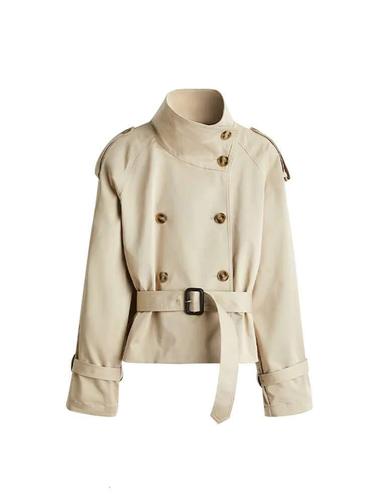 Spring Women's Short Jacket Trench Coat Belt Double Breasted Stand Collar Long Sleeve Outerwear 2025 New High Street Windbreaker