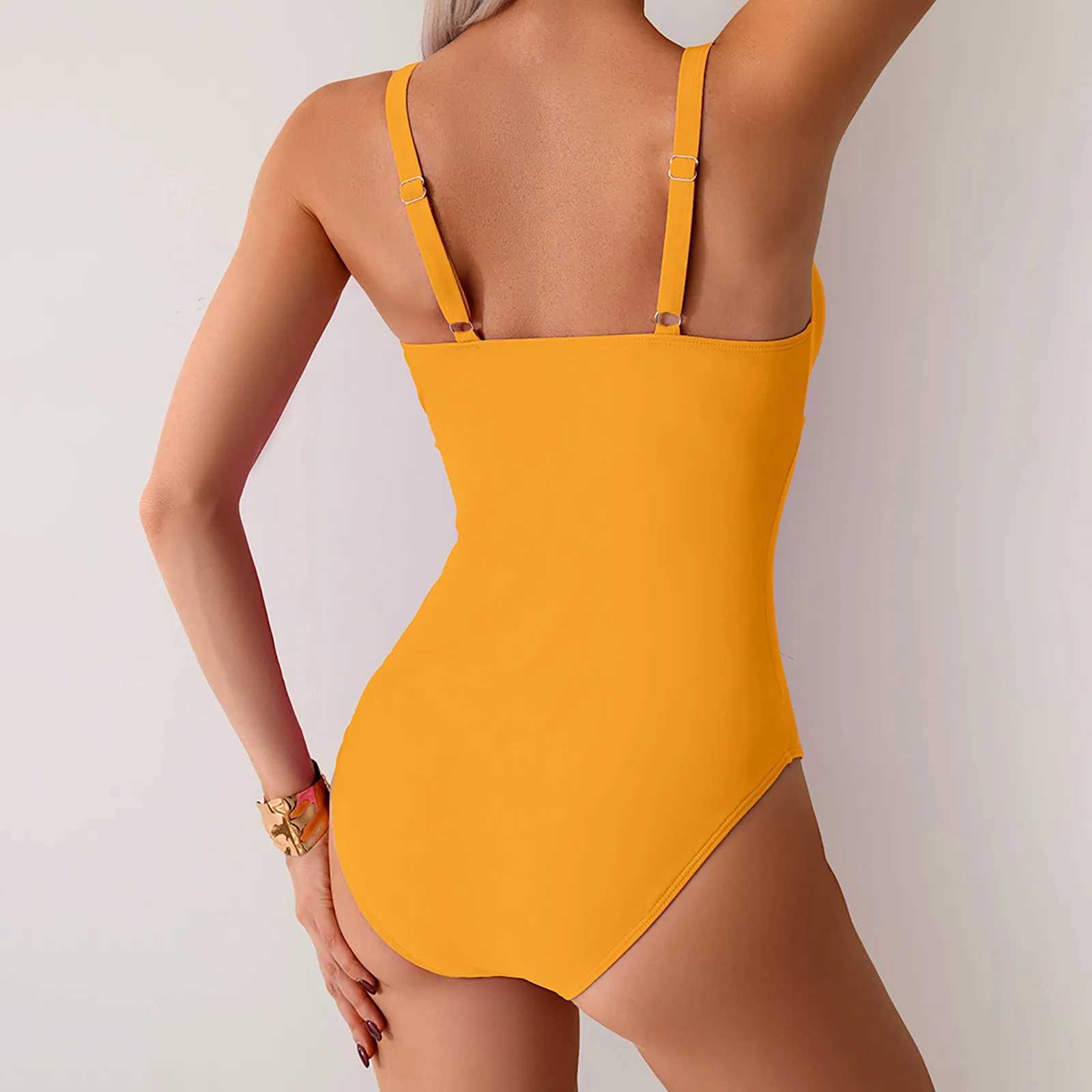 Women Sexy One Swimsuit Fashion Ruched V Neck Swimsuits Solid Color Bikini For Beachwear Summer Swimming Bathing SuitXJ250315