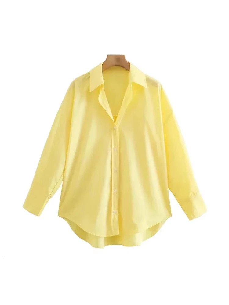 TRZA Women Fashion Office Wear Loose Poplin Solid Shirts Vintage Long Sleeve Button-up Casual Female Blouses Blusas Chic Tops 250310