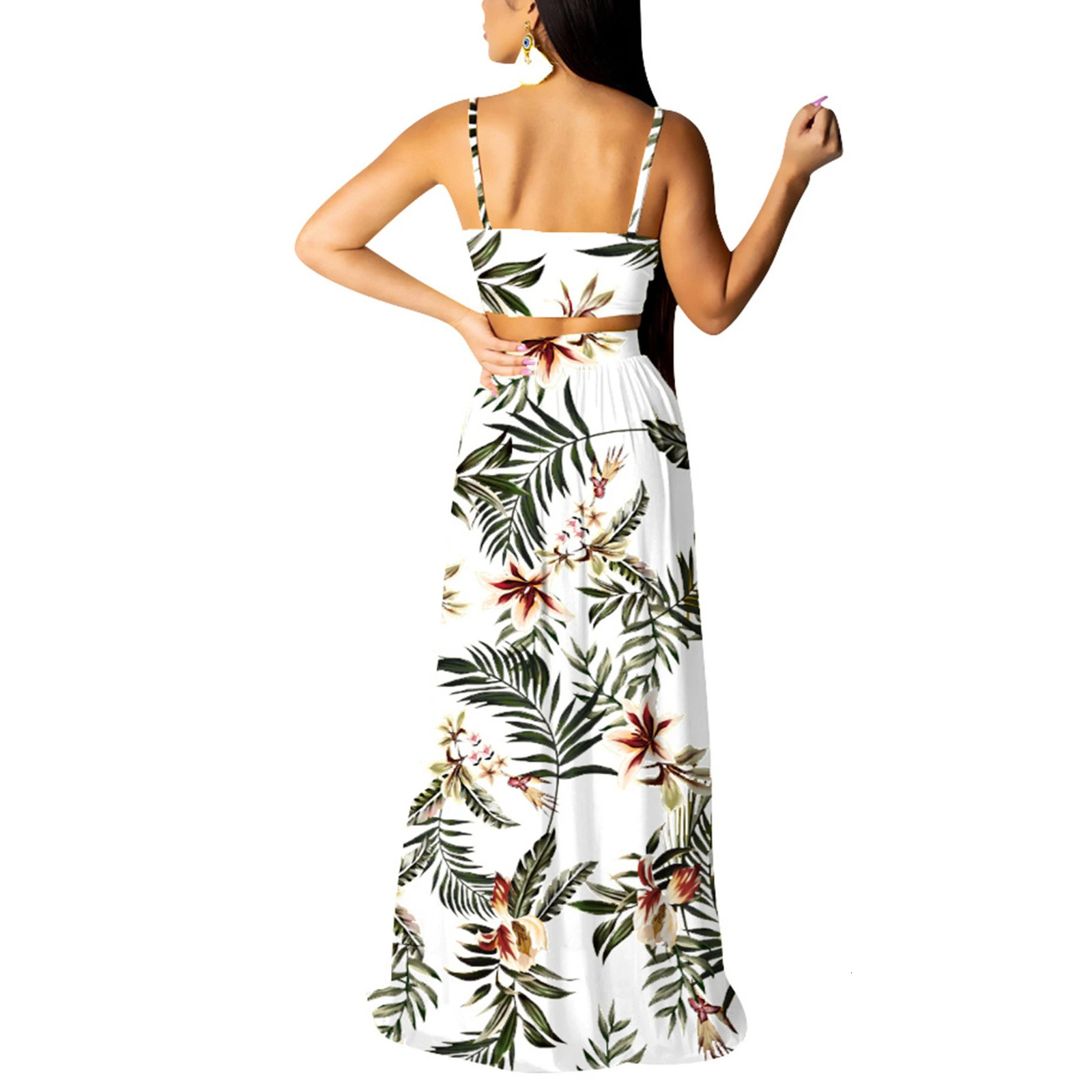 Womens Bohemian floral print Vneck twopiece top and split beach party dress 250312