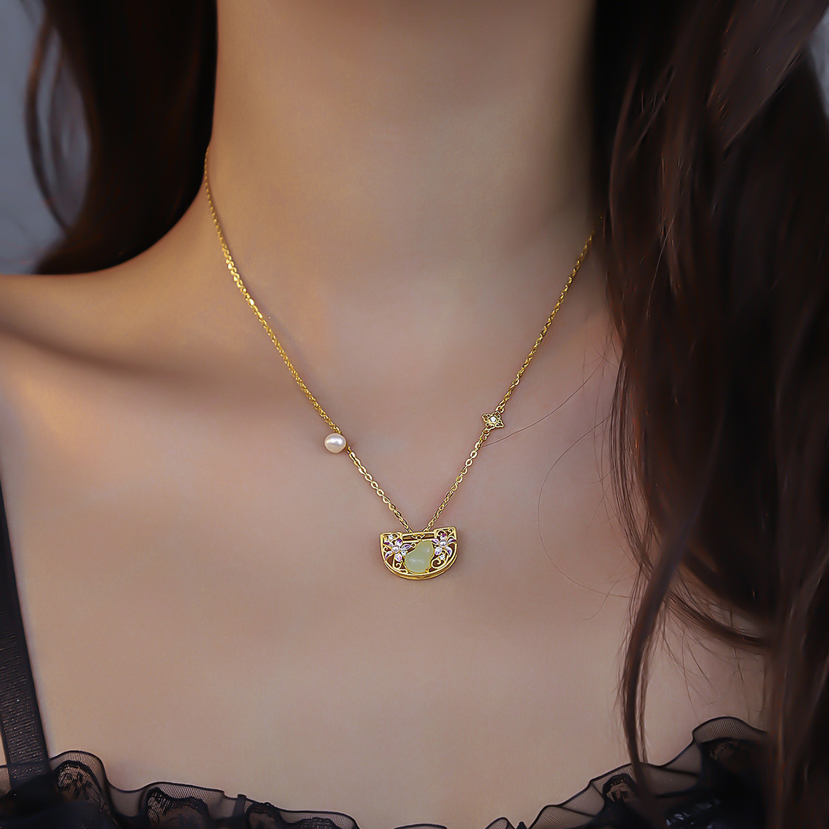S925 Necklace Female Net Red Sterling Silver Lock Retro Style Hetian Jade Gourd Japan And South Korea Flower Fashion Niche New Necklace