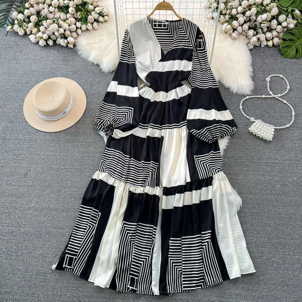 Chic Print Elegant Women Long Sleeve Lace Up Loose Maxi Dress A-E High Waist Holiday Party Female New Autumn Fashion Robe Za