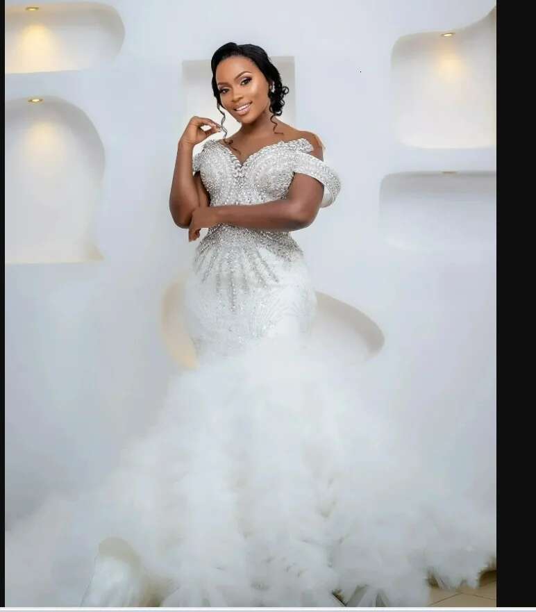 Custom off shoulder bright rhinestone crystals for bride plus size organza layers mermaid wedding dress