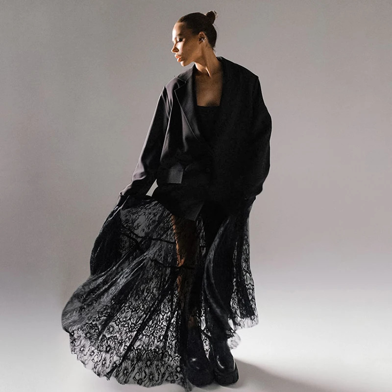Sexy Lace Dark Perspective High Waist Skirt European Summer Fashion Mesh Long Streetwear Loose Oversize 250310