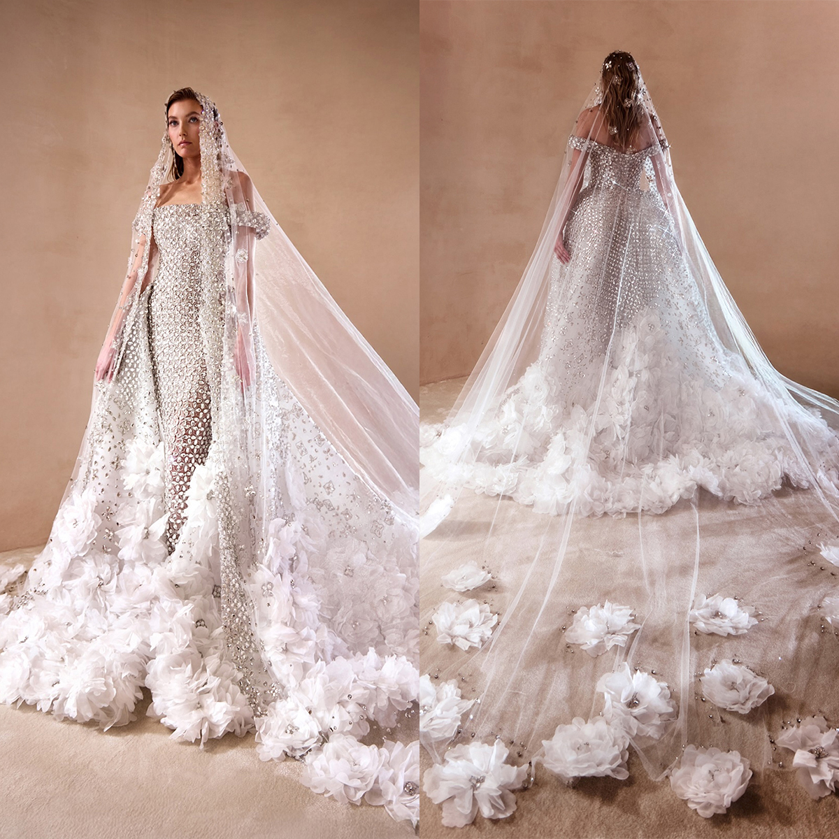 Stunning Crystal Wedding Dresses Off Shoulder 3D Flowers Bridal Gowns with Detachable Train Mermaid Customized Sweep Train Bride Dress Vestidos De Nov