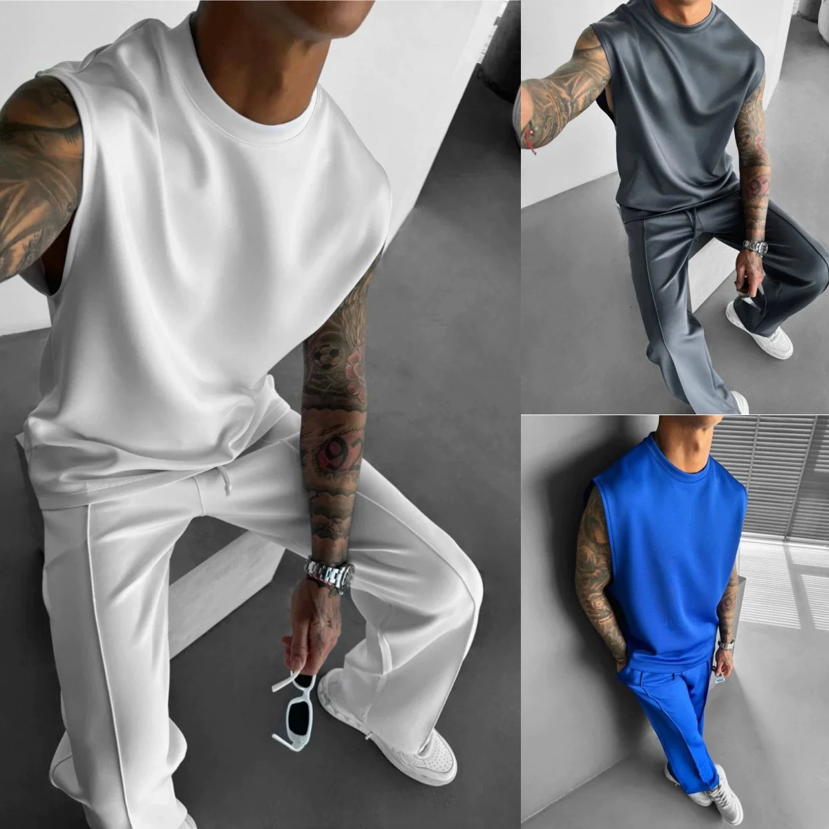 2025 Summer mens sports fashion casual pants vest set loose sleeveless T-shirt solid color set 250310