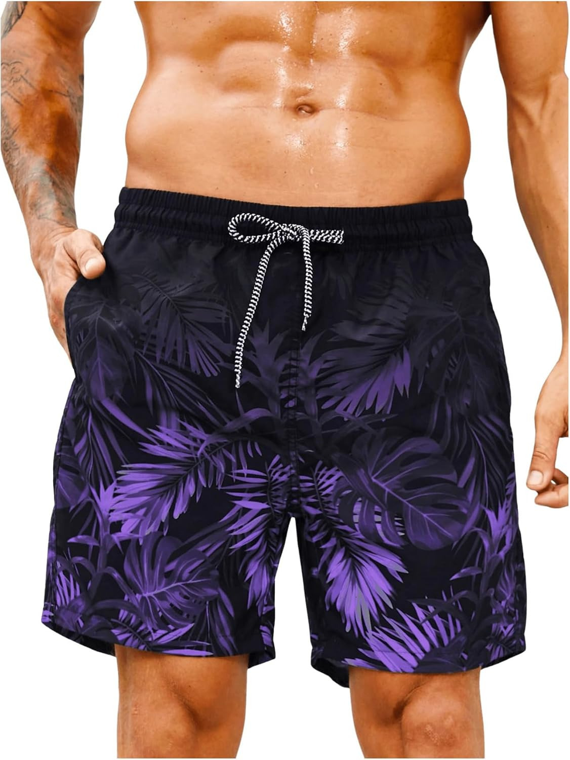 Men's Tropical Print Drawstring Waist Swim Trunks Beach Shorts Printed fashionable beach shorts