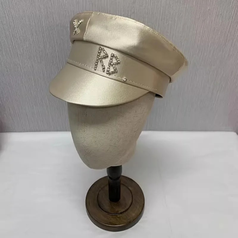Y2k Spring Summer Octagonal Caps Women Two-colored sboy Cap Crystal-Embellished Satin Baker Boy Hat Gorra 250314