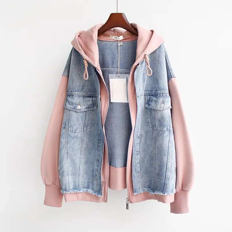 Fake Two-Piece Denim Hoodies Coat Women Spring Autumn Trend Cardigan Hoodie Casual Loose Hooded Baseball Jacket Streetwear Woman