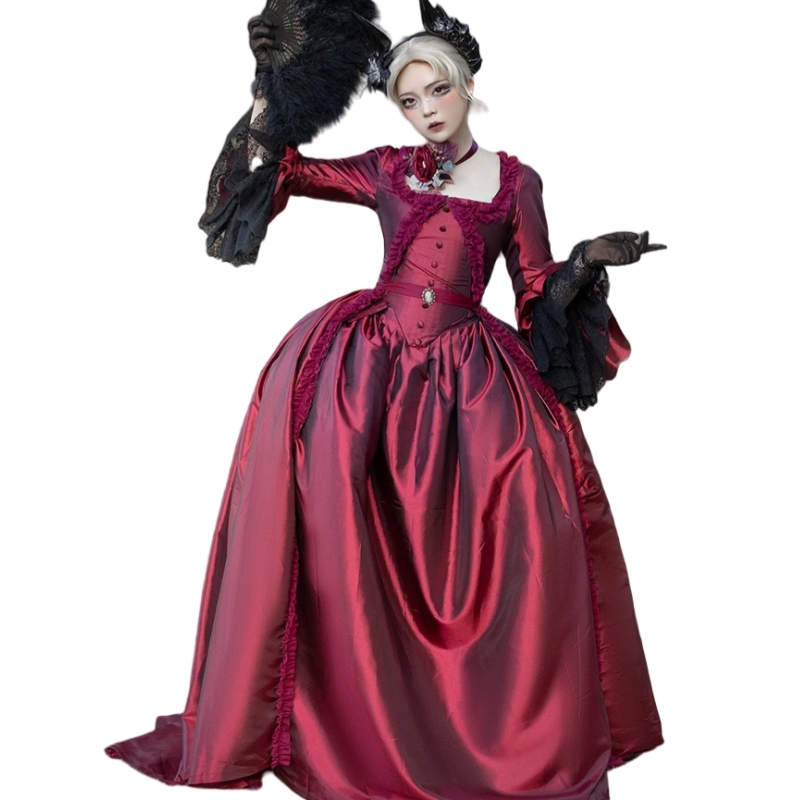 Gothic Burgundy And Black Prom Dresses Flare Sleeves Square Collar Vintage Baroque Rococo Special Occasion Ball Gown Medieval Renaissance Women Evenin
