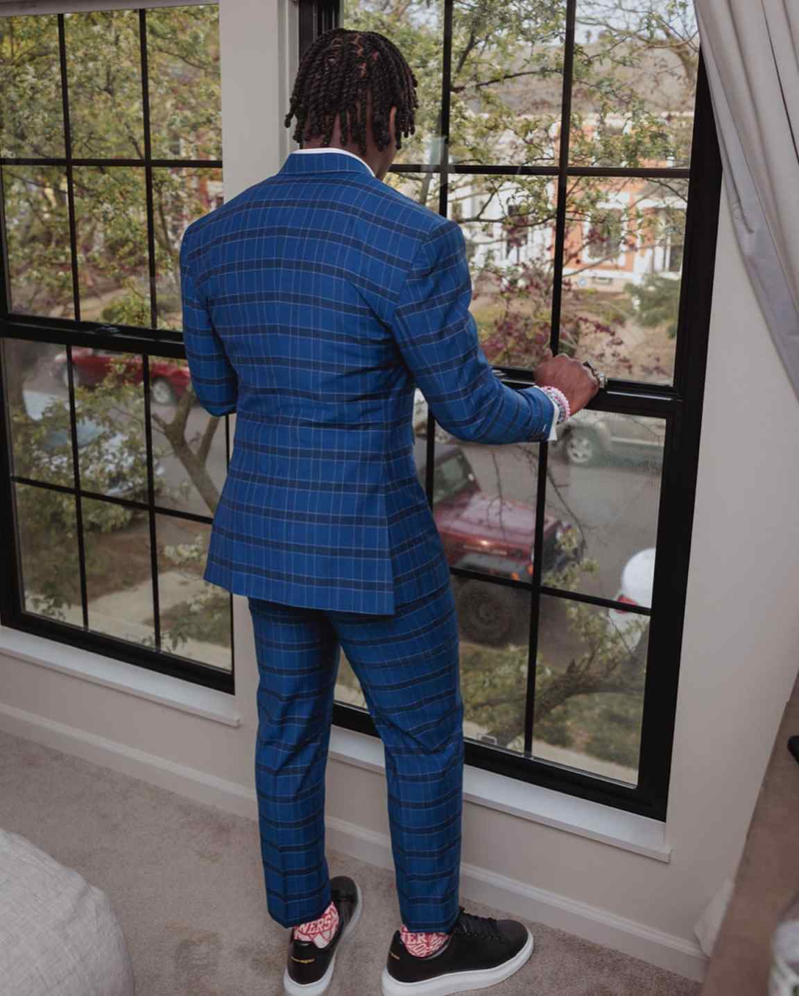 Blue Plaid Mens Wedding Tuxedos Double Breasted Classic Fit Groom Wear Party Birthday Pants Suits 2 Pieces Customized