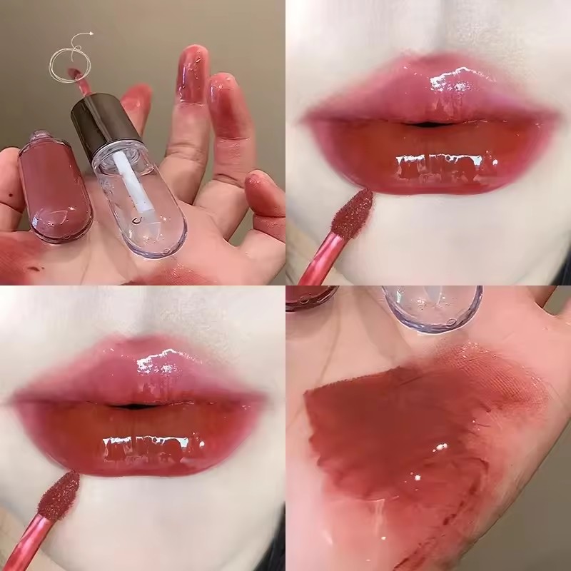 Double head lip glaze milk tea color lipstick, transparent mirror surface, long-lasting non-stick cup water gloss lip gloss